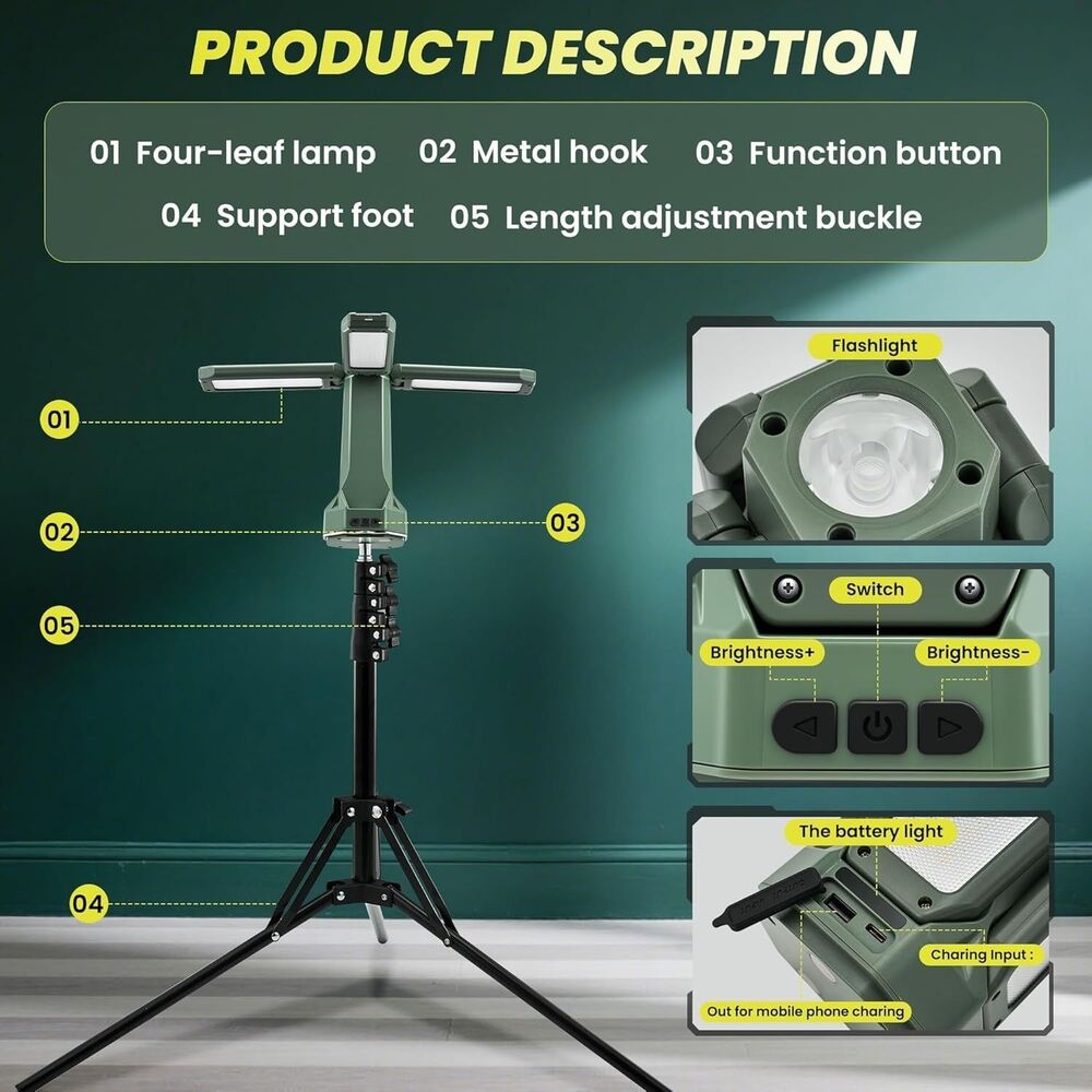 Rechargeable Camping Light with Stand Cordless Work Light with Heads Power Bank - Picture 8 of 16